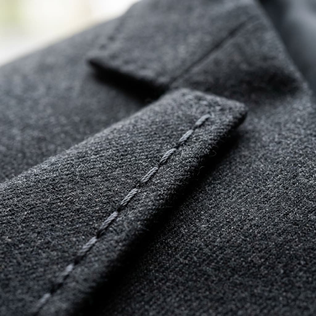 Detalhe de costura artesanal em blazer de lã virgem