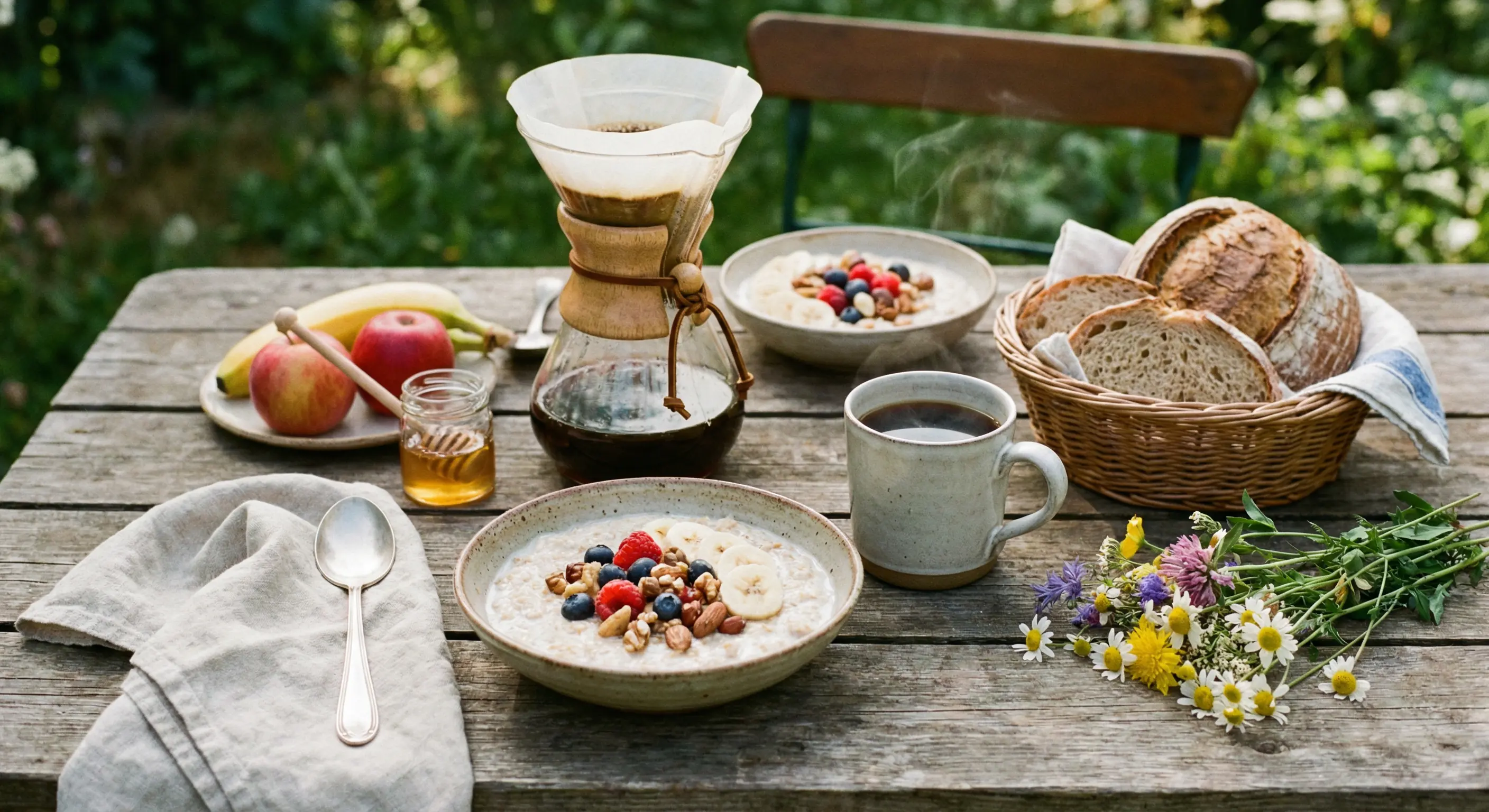 Mesa de café da manhã com aveia, frutas e café
