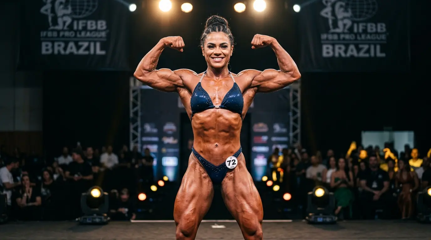 Mulher fisiculturista posando com confiança em palco iluminado