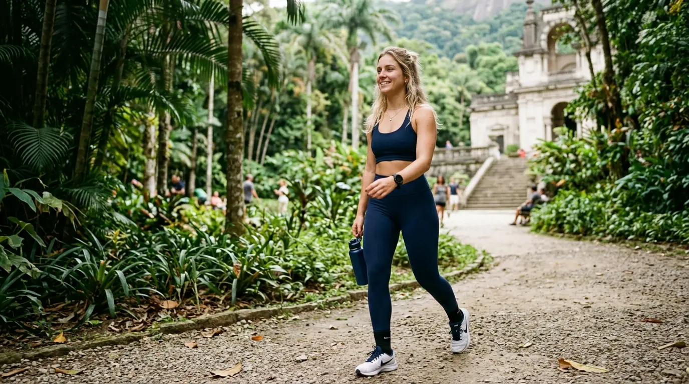 Pessoa caminhando em parque com tênis esportivo e relógio fitness