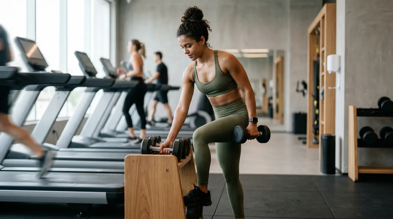 Mulher dentro da academia segurando halteres