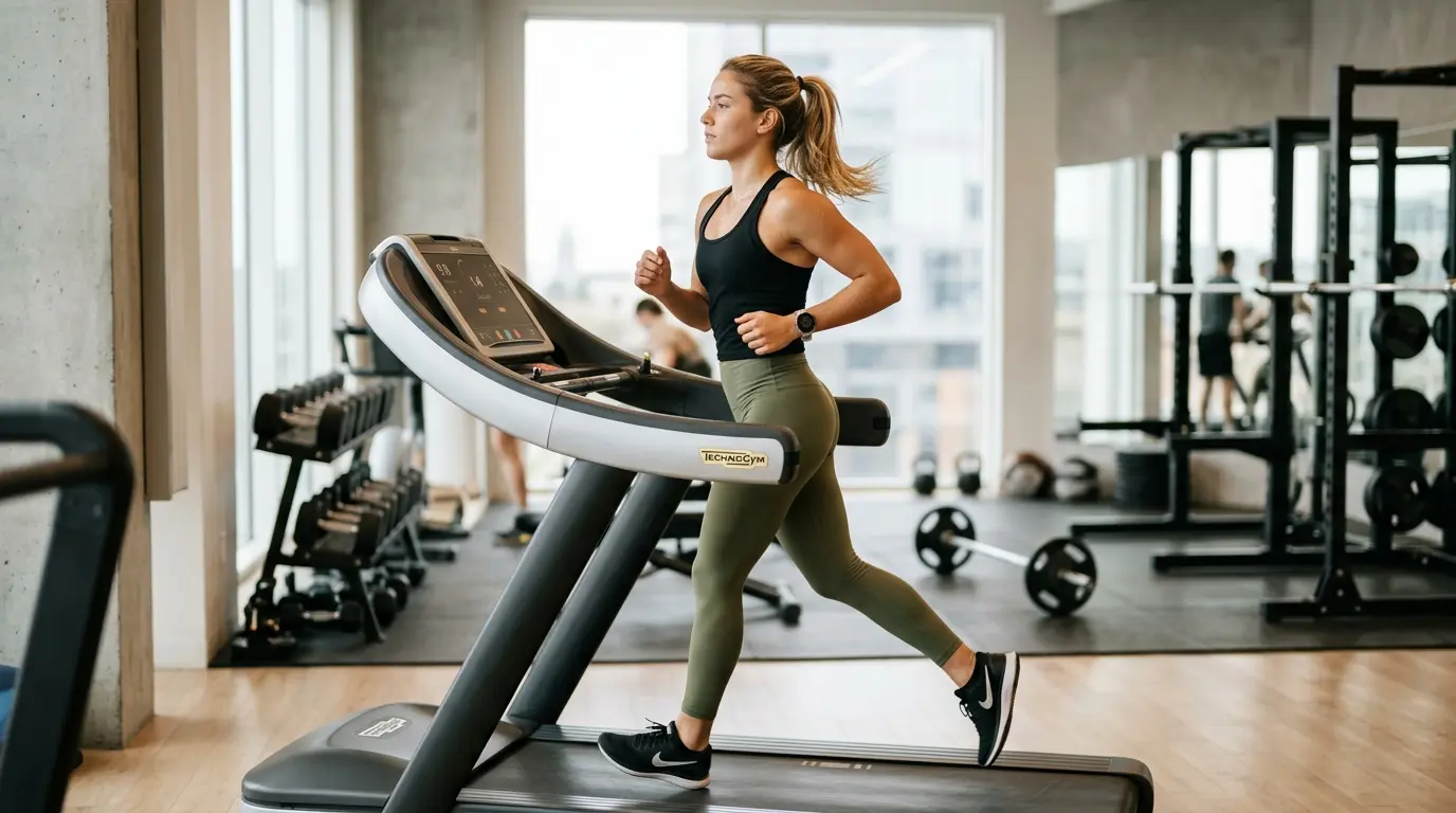 Mulher correndo na esteira dentro da academia