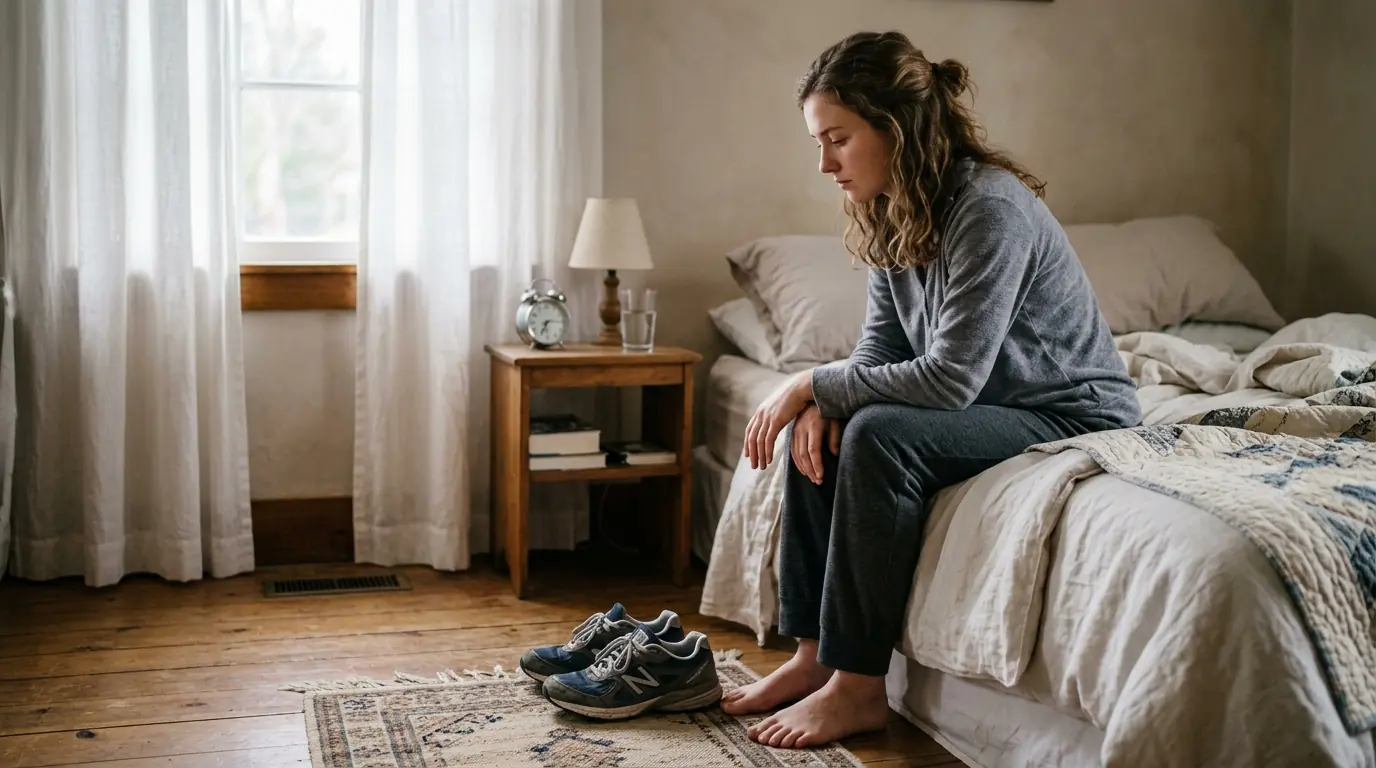 Pessoa sentada à beira da cama de manhã cedo, olhando para o tênis de treino com expressão pensativa