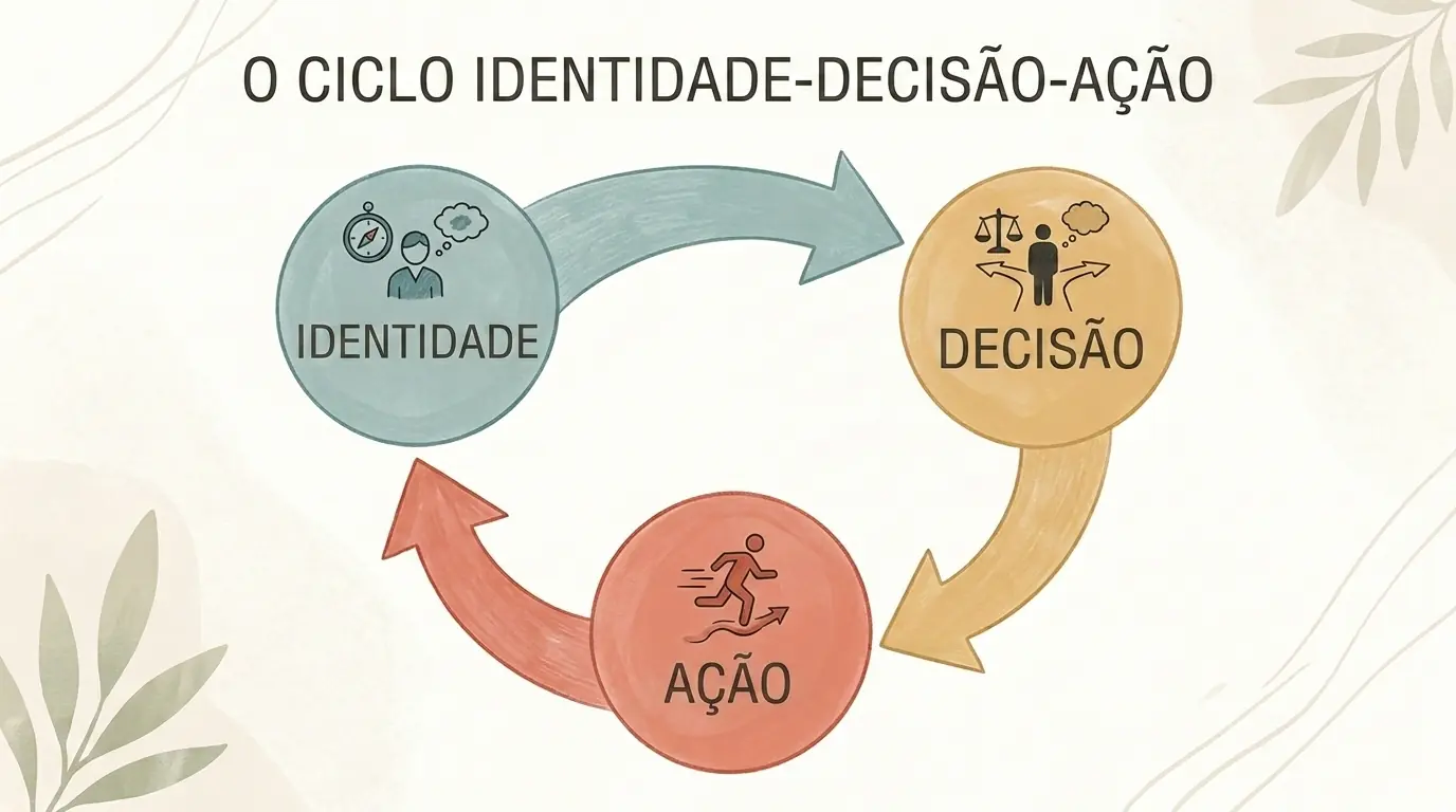 Diagrama visual simples mostrando ciclo de identidade, decisão e ação com setas conectando os elementos