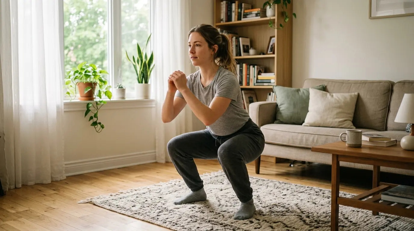 Pessoa fazendo um agachamento simples na sala de casa com roupa casual, sem equipamento especial