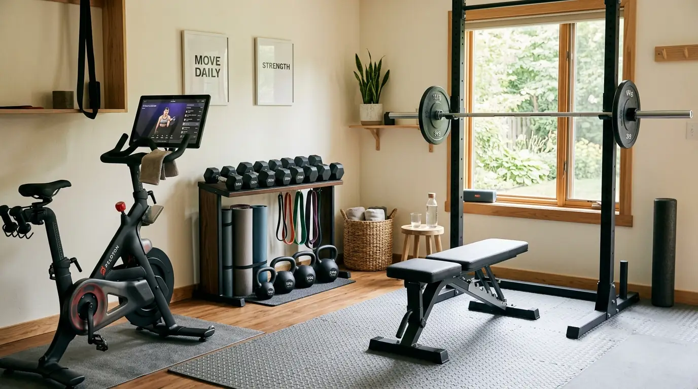 Vista de um espaço de treino em casa bem organizado e convidativo, com equipamentos visíveis e acessíveis
