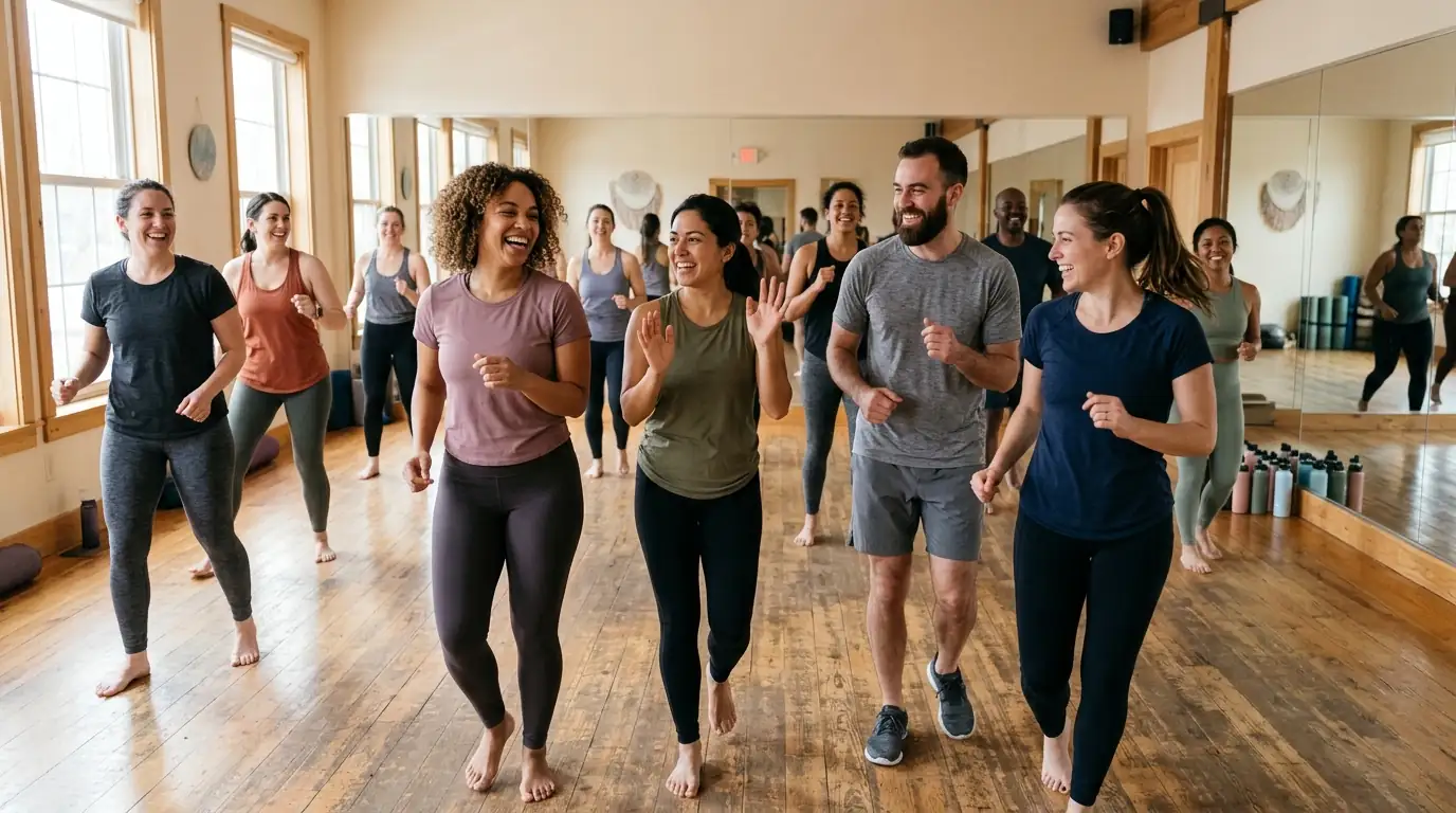 Grupo de pessoas sorrindo durante aula de dança fitness, ambiente descontraído e colorido