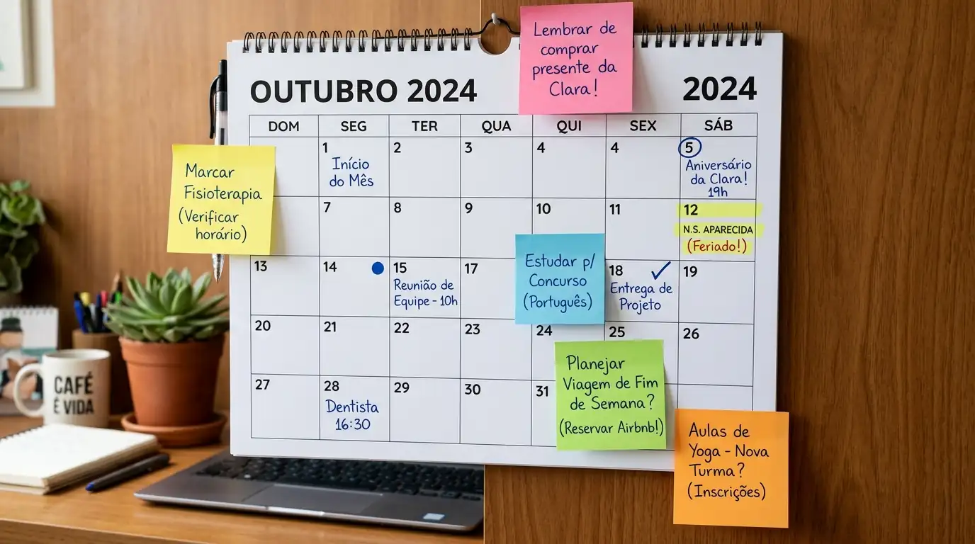 Calendário com alguns dias marcados e outros sem marcação, post-its coloridos representando planejamento flexível