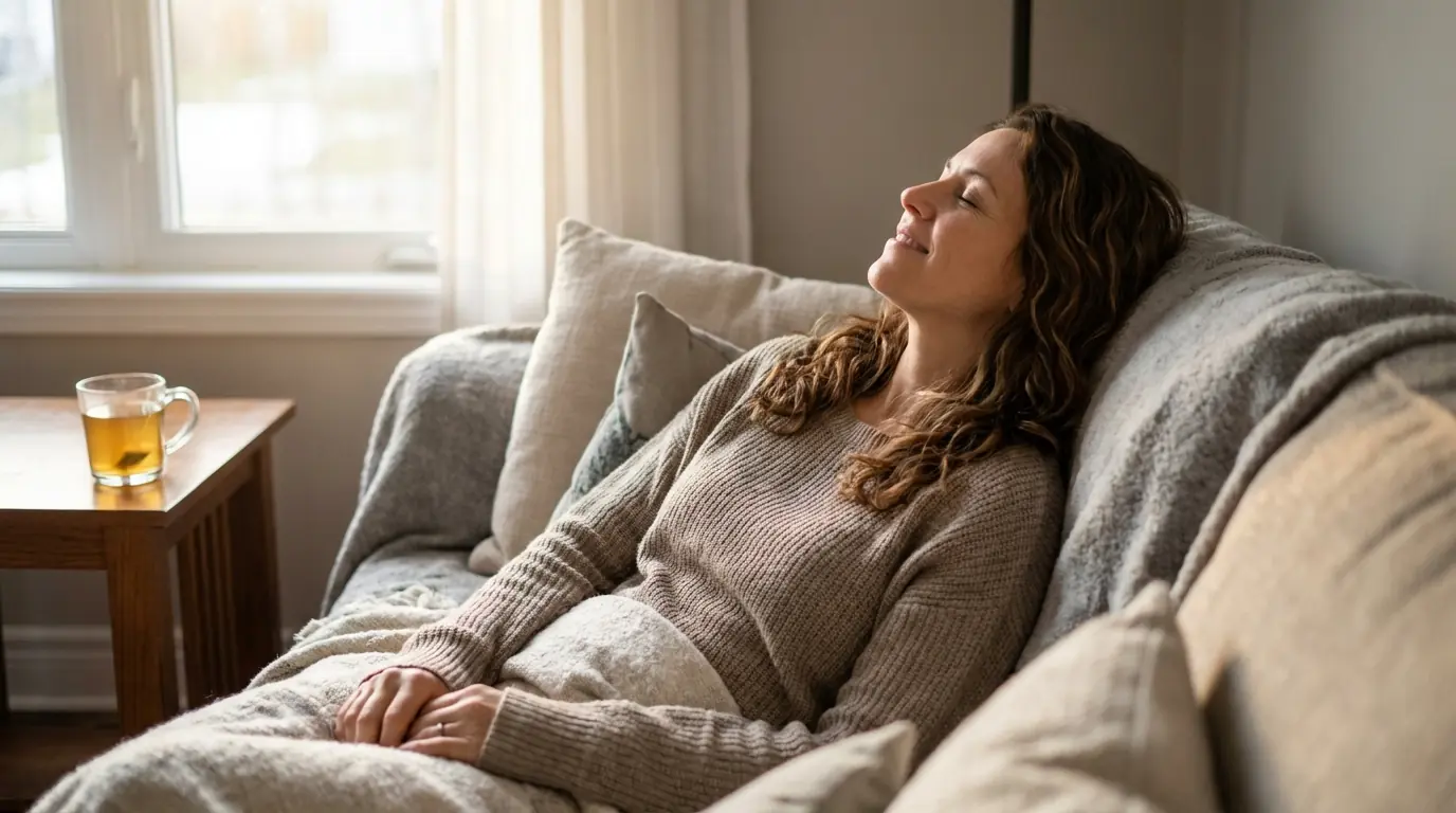 Pessoa descansando em posição confortável, olhos fechados, expressão serena, luz suave