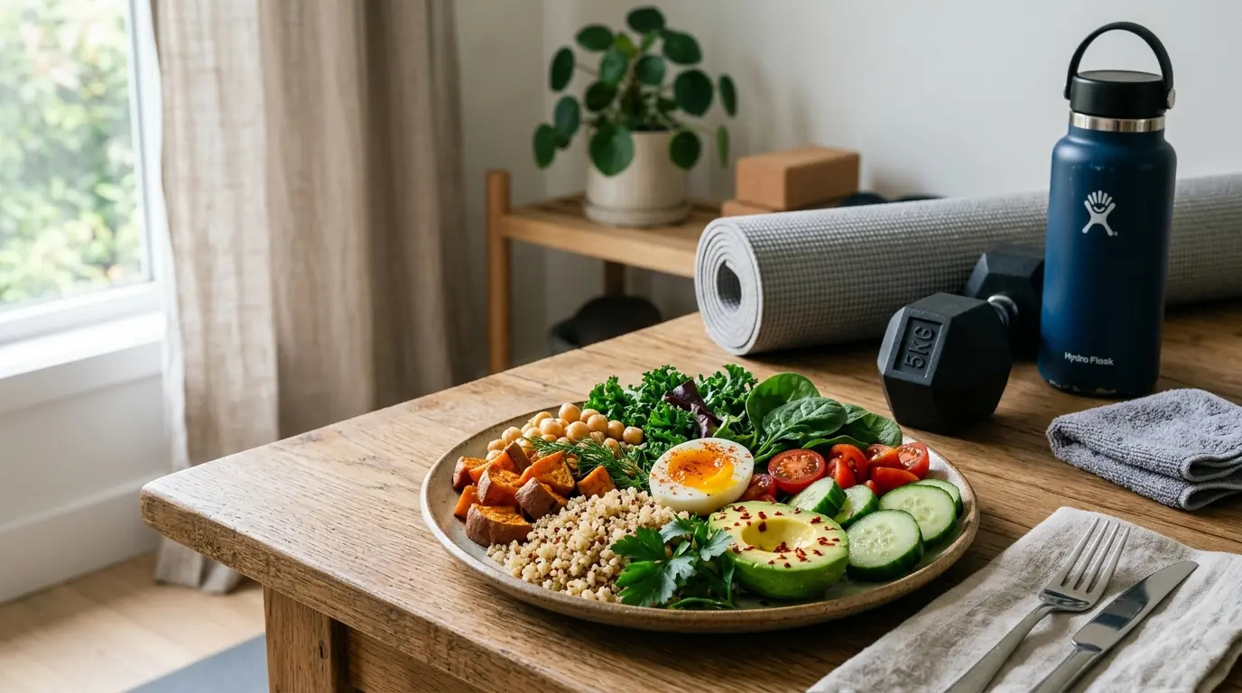 Prato saudável e colorido ao lado de equipamento de treino