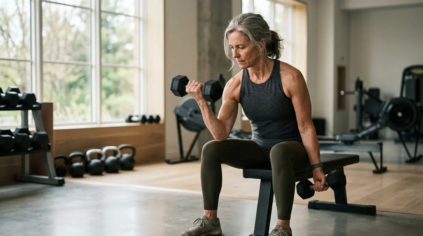 Mulher madura treinando com pesos
