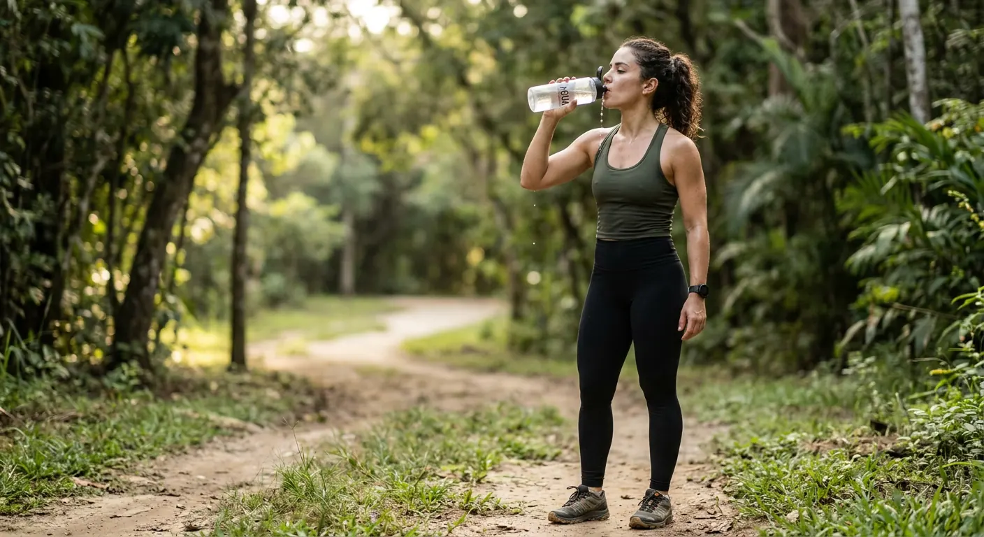 Mulher bebendo água durante treino ao ar livre