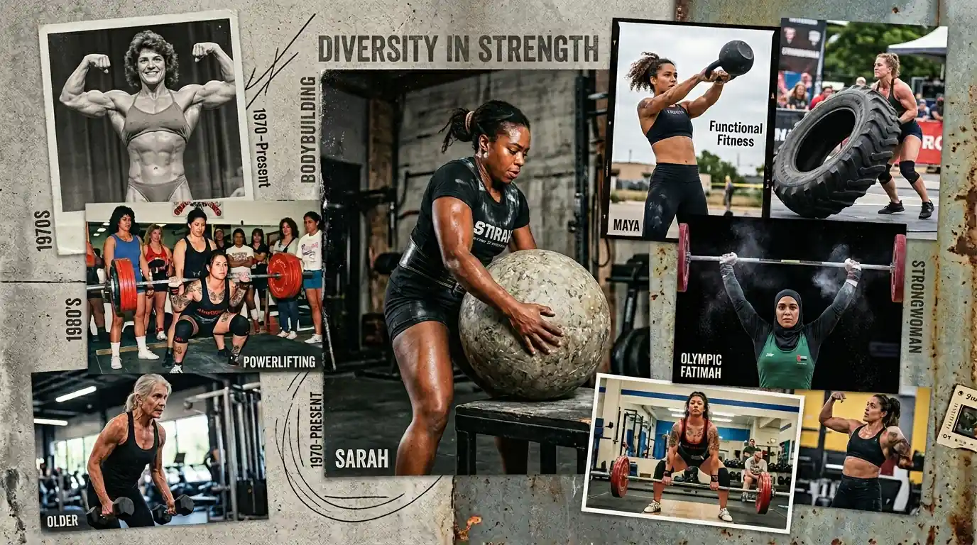 Colagem artística de mulheres diversas treinando em diferentes modalidades fitness, desde fisiculturismo até strongwoman