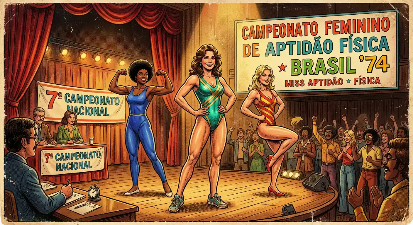 Ilustração vintage de mulheres competindo em palco nos anos 70, ambiente retrô de competição fitness