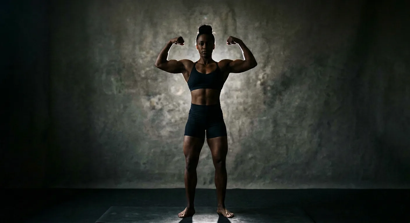 Silhueta poderosa de uma mulher fisiculturista em pose de duplo bíceps, iluminação dramática de palco