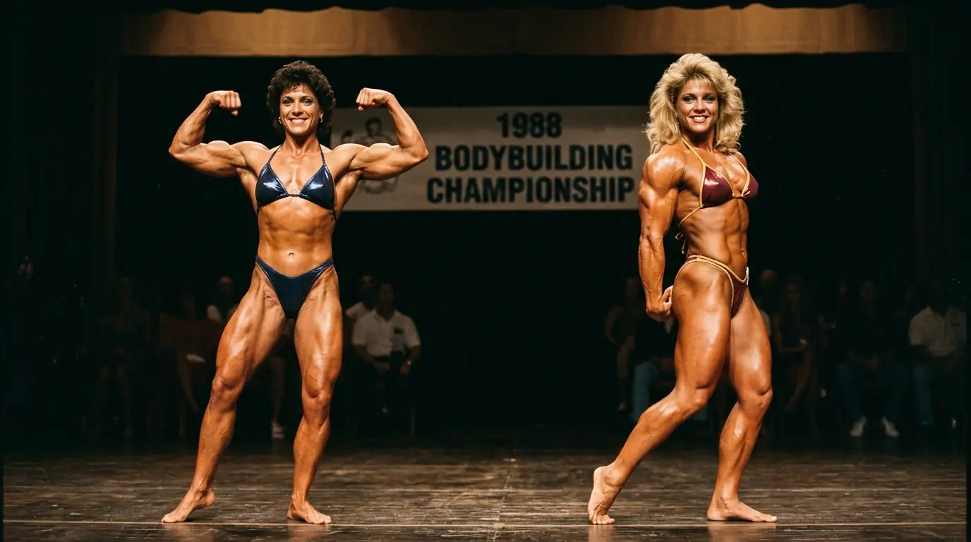 Duas mulheres fisiculturistas em poses clássicas dos anos 80 e 90, estilo vintage de competição
