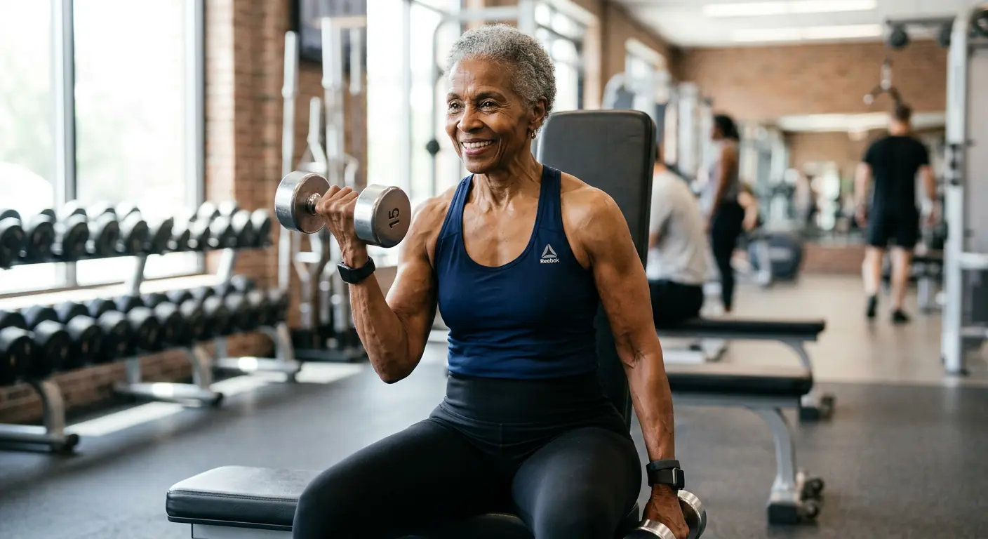 Mulher idosa em excelente forma física treinando com pesos em academia bem iluminada, sorriso confiante