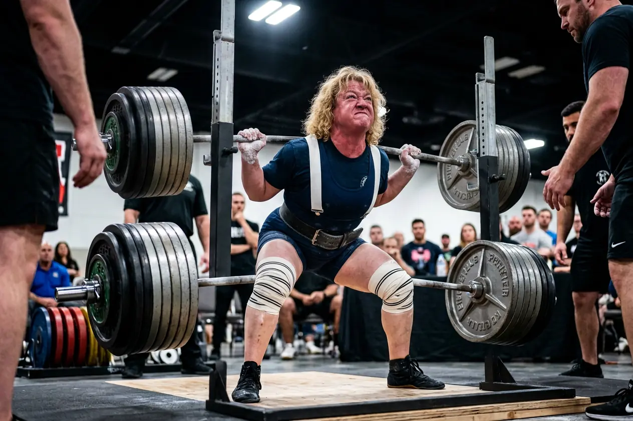Mulher poderosa levantando barra pesada no deadlift, expressão determinada, ambiente de competição de força