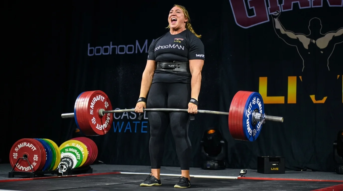 Mulher atleta em posição de deadlift com barra extremamente carregada, ambiente de competição de strongwoman