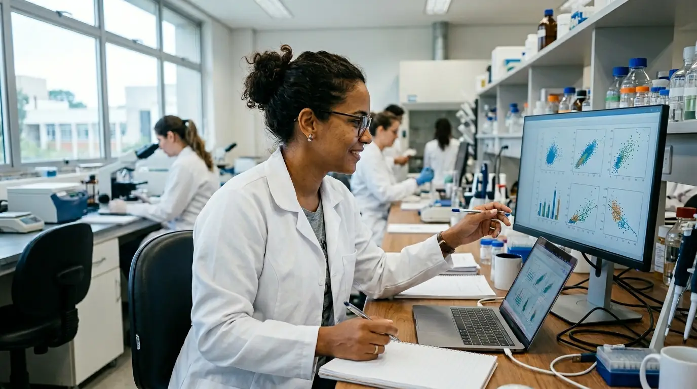 Pesquisadores analisando dados em laboratório