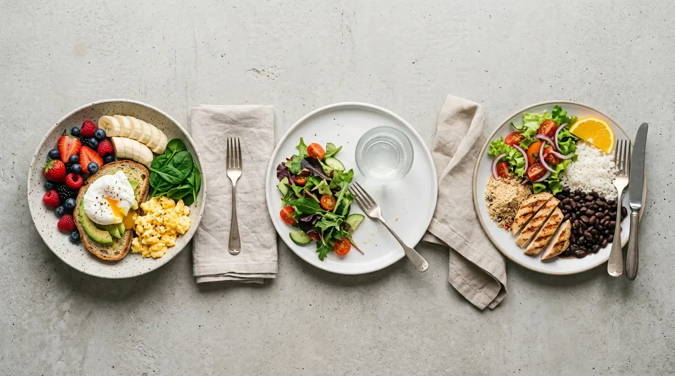 Três pratos representando diferentes protocolos de jejum