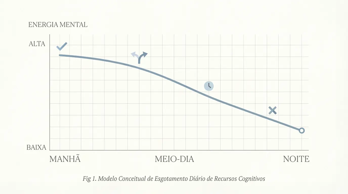 Ilustração visual do conceito de depleção de recursos mentais ao longo do dia, gráfico descendente com decisões marcadas