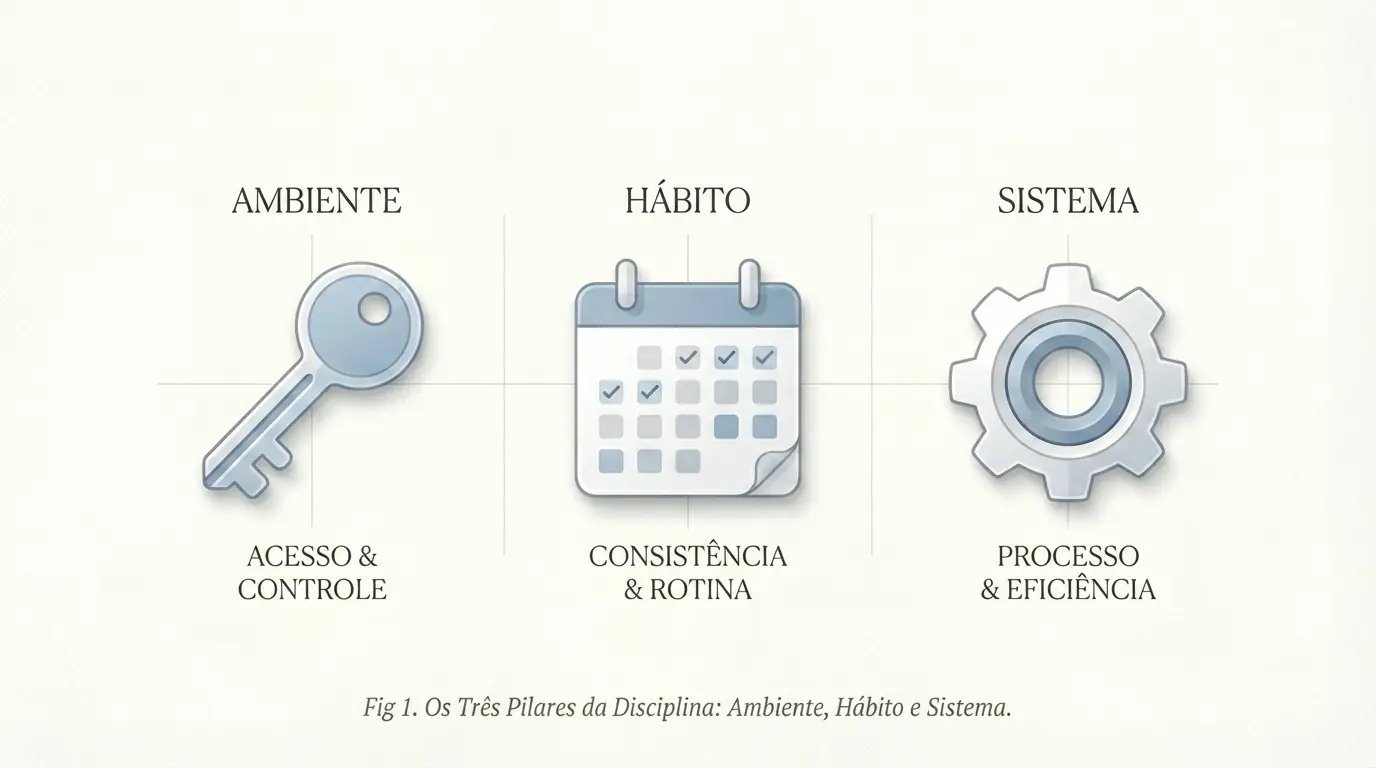 Três elementos visuais representando ambiente, hábito e sistema, chave, calendário e engrenagem, sobre fundo limpo