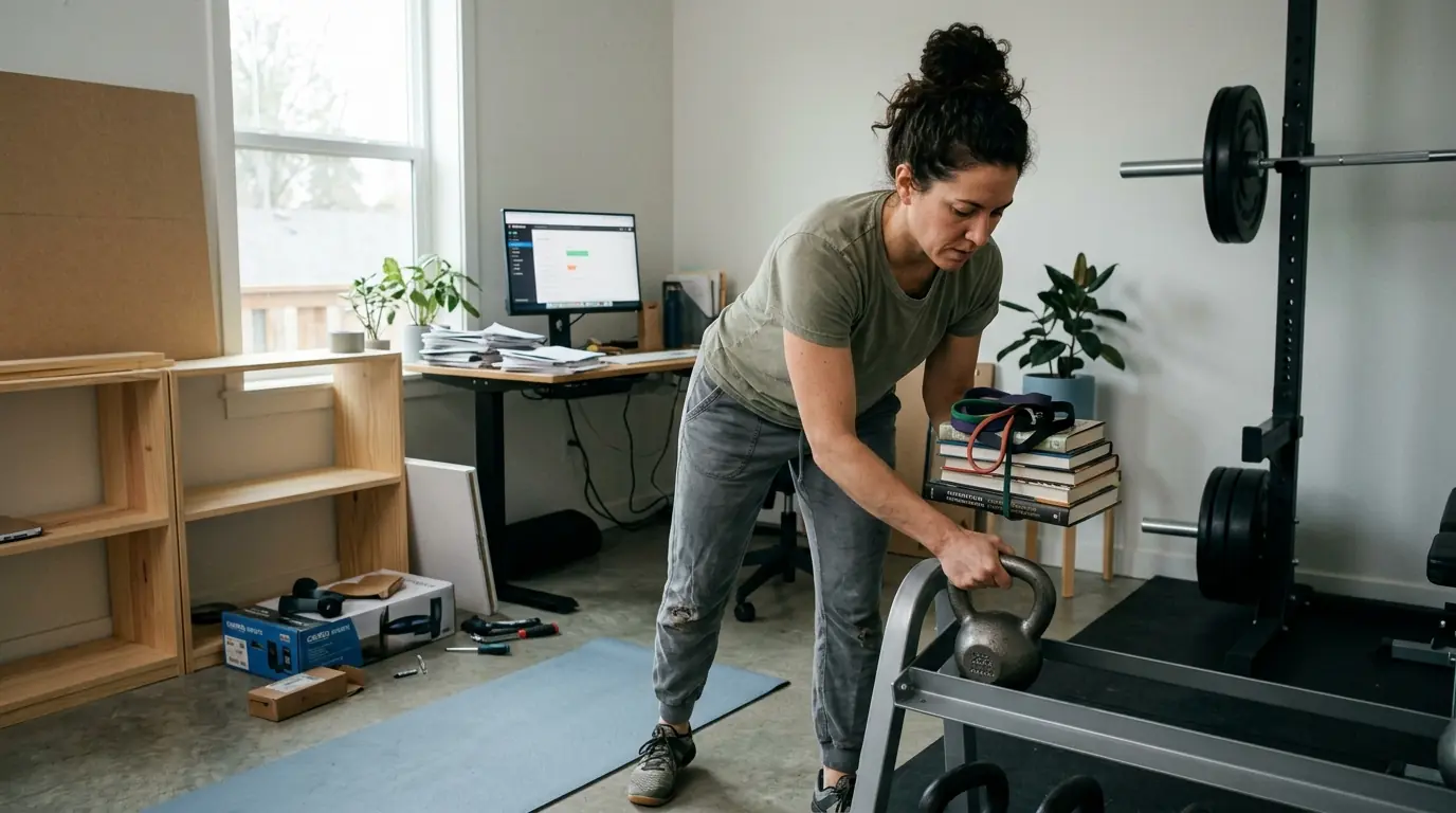 Pessoa reorganizando seu espaço de trabalho e treino em casa, expressão concentrada e deliberada, ambiente sendo transformado