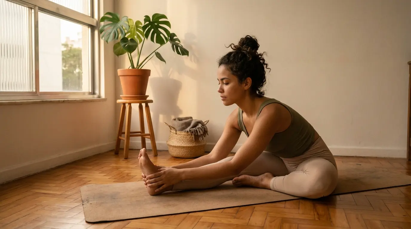 Pessoa treinando tranquilamente em rotina matinal estabelecida, ambiente organizado, sem esforço aparente, automático