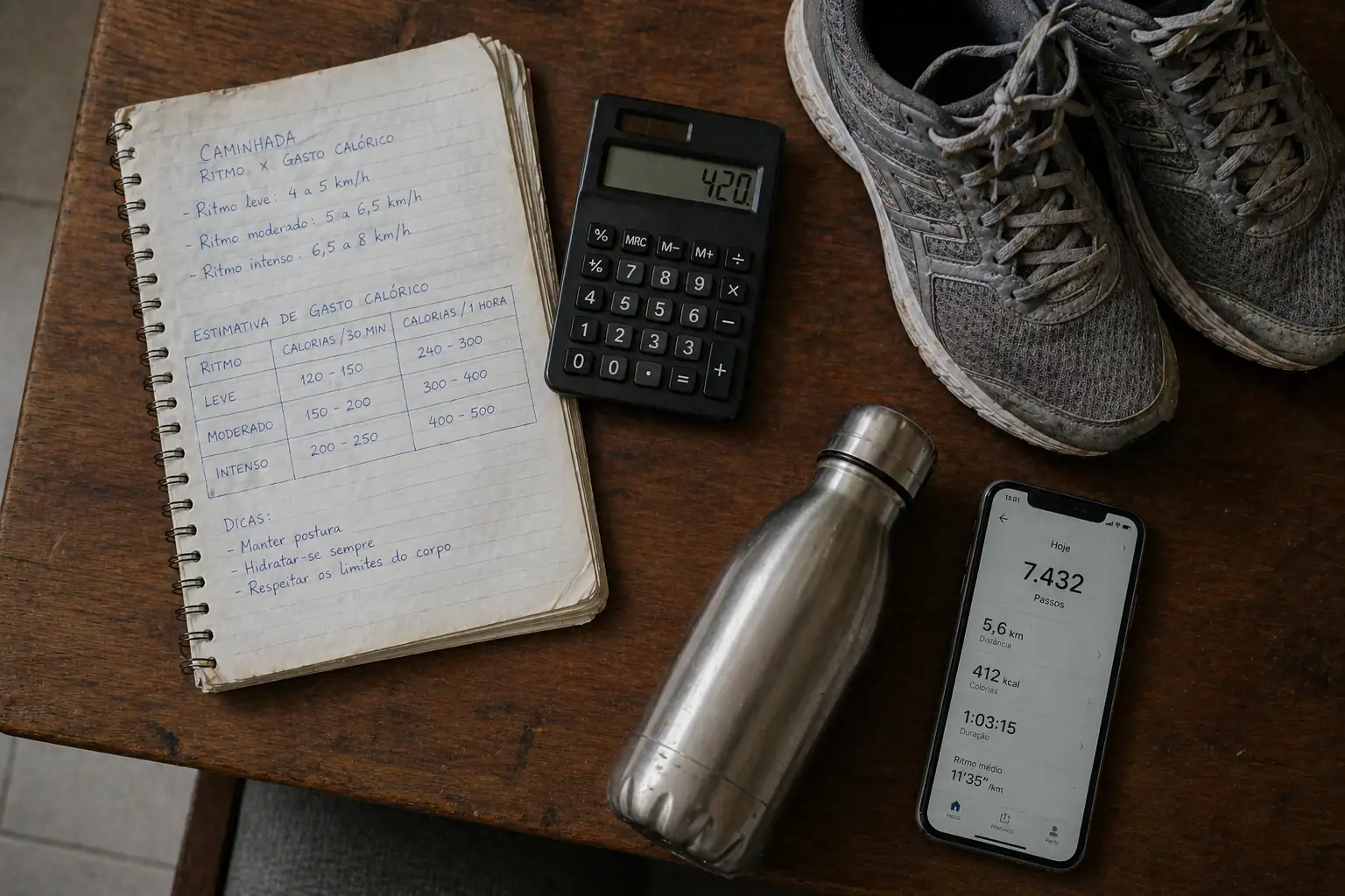 Tabela e calculadora ao lado de um par de tênis