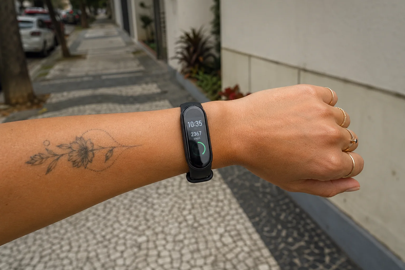 Pessoa olhando o relógio fitness durante caminhada