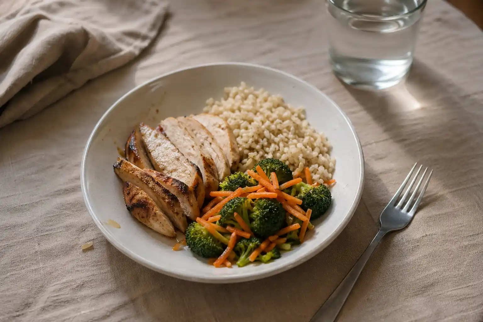 Mesa com prato dividido entre proteínas, carboidratos e vegetais
