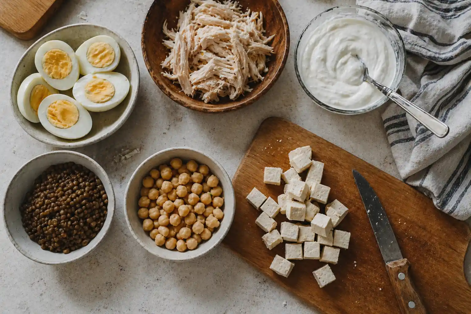 Pratos com fontes de proteína: ovos, frango, iogurte e leguminosas