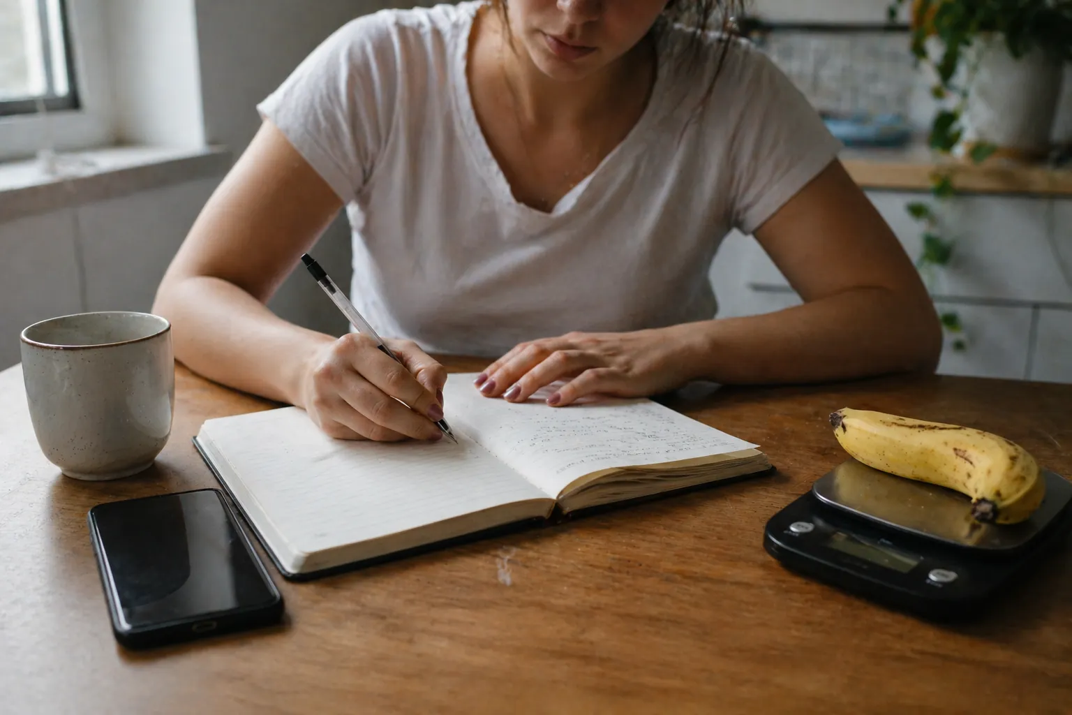Mulher anotando refeições em caderno ao lado de balança de cozinha