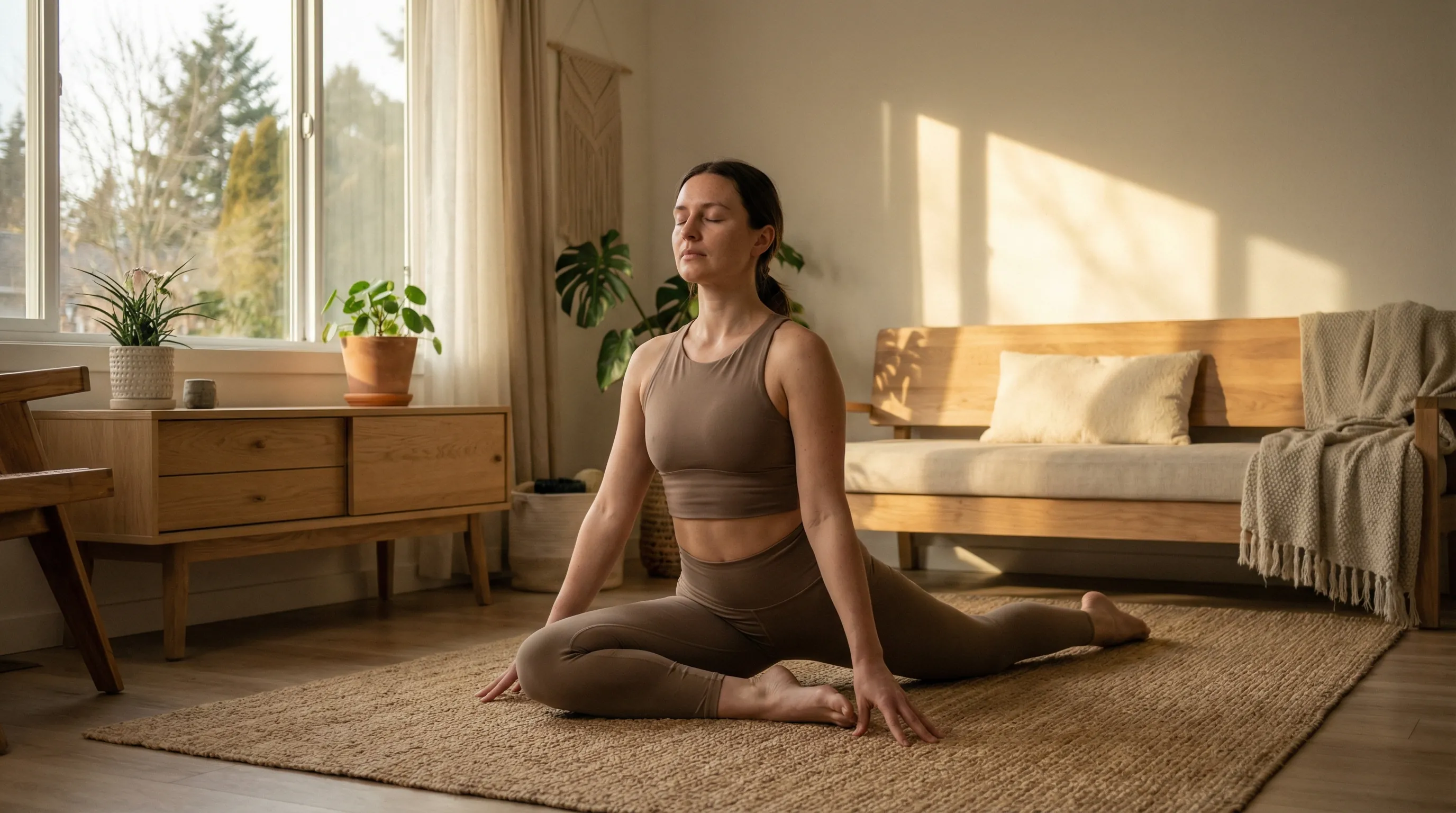 Mulher praticando yoga em casa