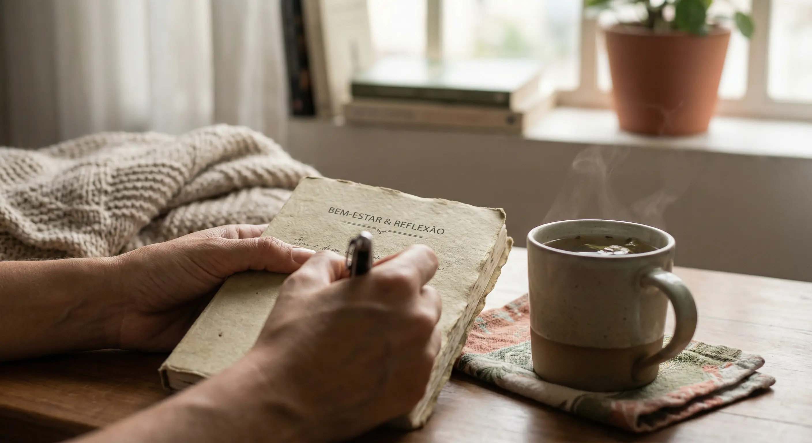 Diário de bem-estar com xícara de chá