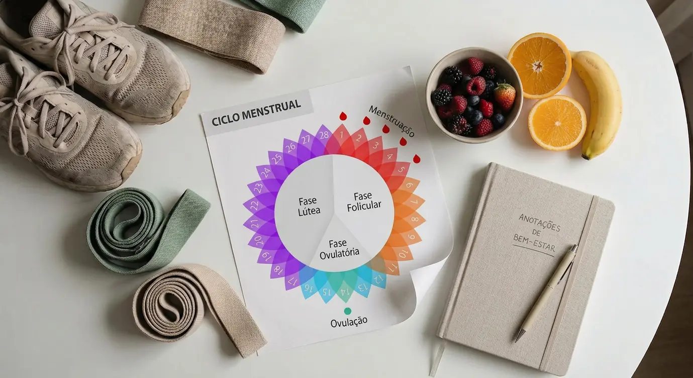 Visão de cima com calendário, tênis e acessórios de treino